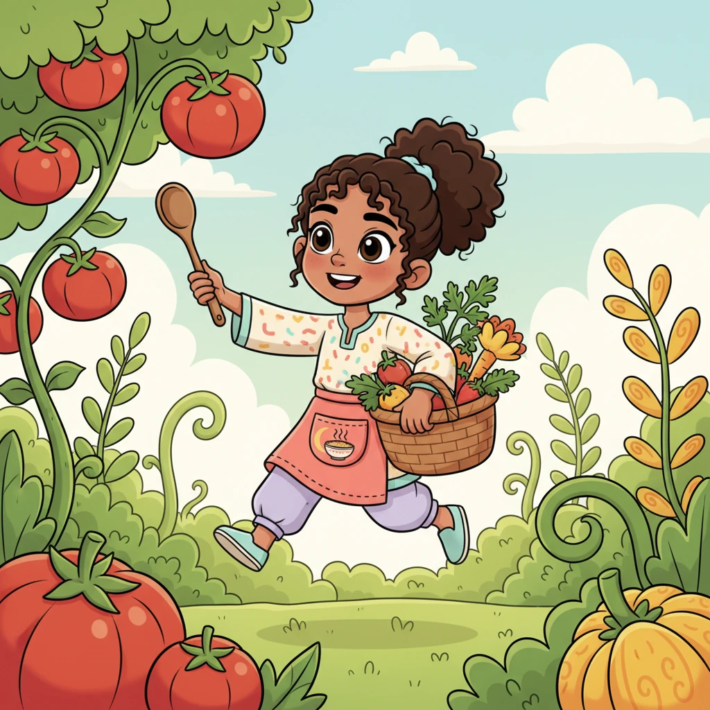 Guided by the playful spoon, Layla skipped through a whimsical garden bursting with giant, colorful vegetables. She carefully picked juicy tomatoes, fresh herbs, and fragrant spices, all destined for a hearty bowl of Harira soup. Her basket overflowed with nature's bounty.
