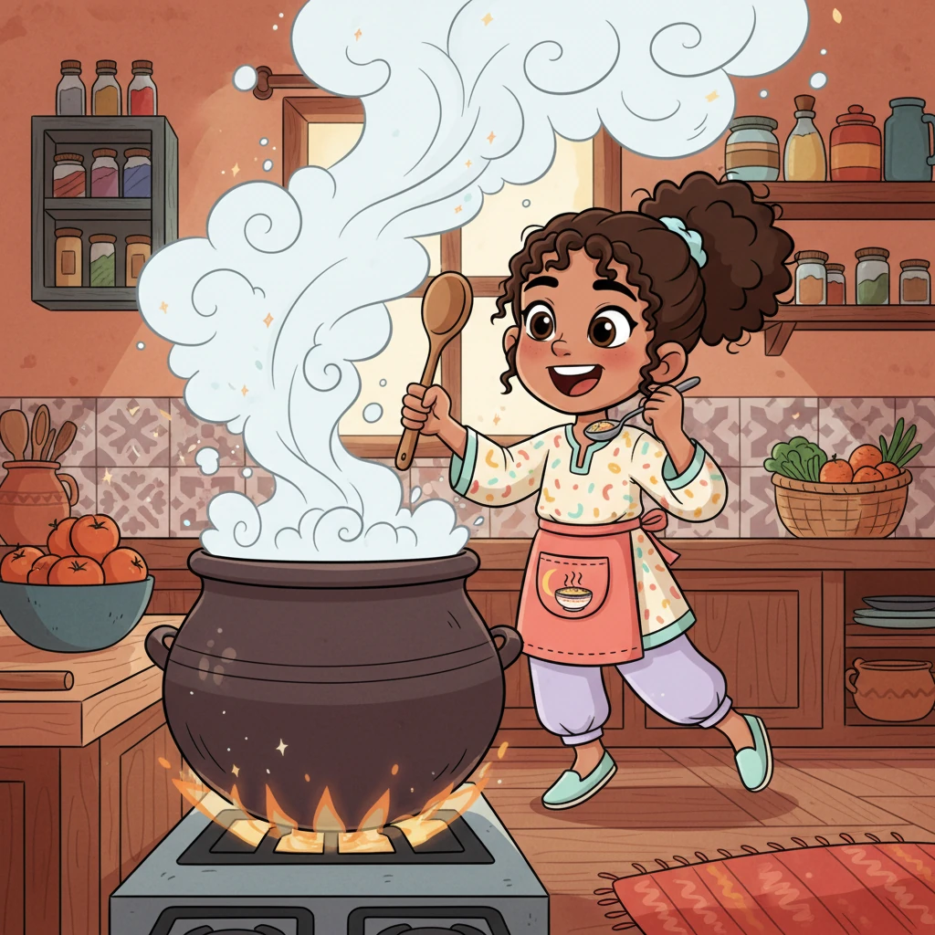 Back in her cozy kitchen, Layla, with exaggerated, joyful movements, stirred a giant, bubbling pot of Harira. A cloud of aromatic steam swirled around her, filling the air with promises of warmth and flavor. Her face was alight with a wide, happy smile as she tasted a tiny spoonful.