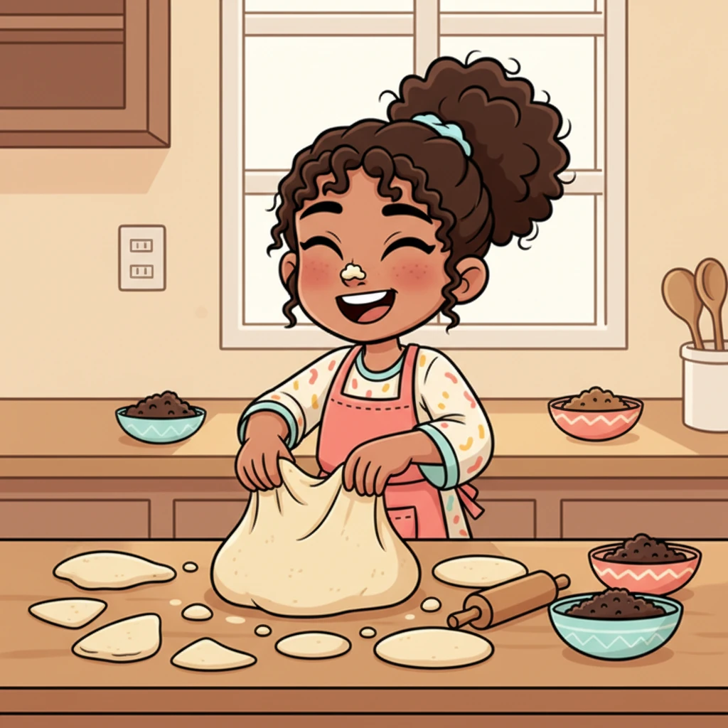 Next, Layla plunged her hands into soft, pliable dough, playfully shaping it for delicious Sambousak. Little dough triangles and circles lay scattered on the counter, ready to be filled with savory mixtures. She laughed as a tiny bit of filling landed on her nose.