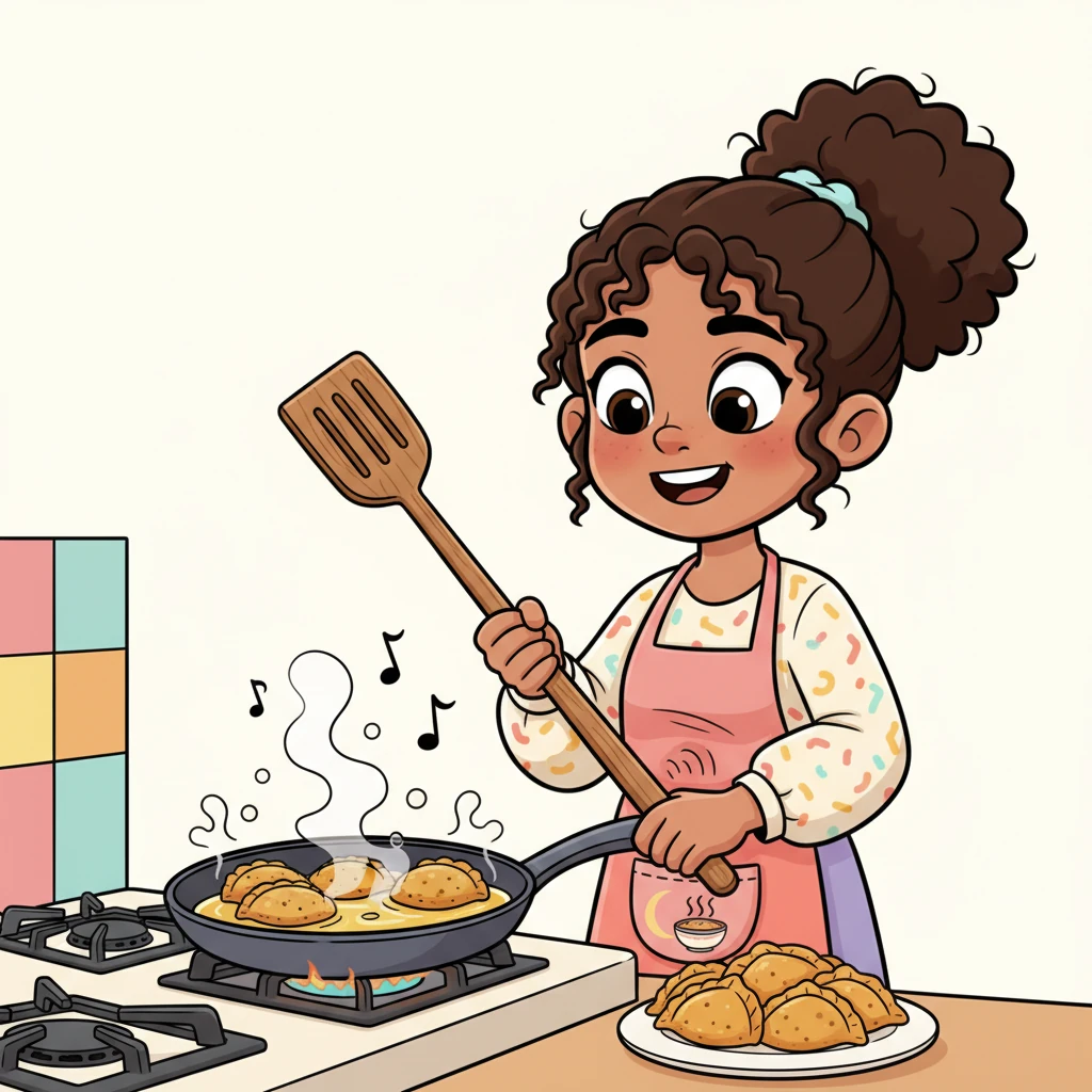 The kitchen sizzled with excitement as golden-brown Sambousak fried perfectly in a pan. Layla, with a long, comical spatula, carefully turned each one, making sure they were crisp and golden on all sides. The delightful aroma made her tummy rumble with anticipation.