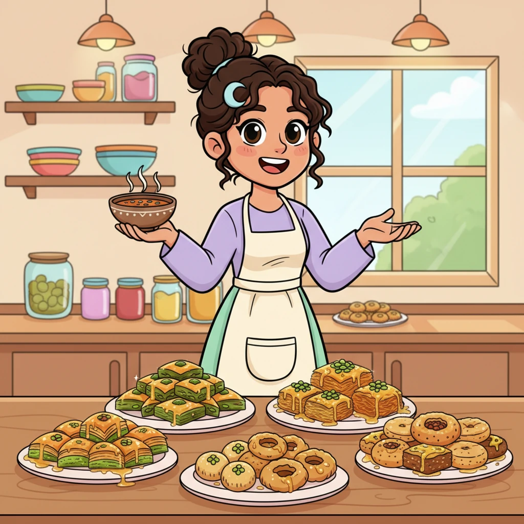 With a flourish, Layla presented an incredible array of colorful, glistening oriental sweets. Plates piled high with sticky baklava, delicate kunafa, and syrup-drenched pastries sparkled under the kitchen lights. She admired her sweet masterpieces, feeling a surge of pride.