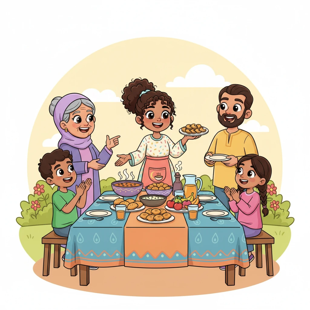 Layla joyfully laid out her magnificent feast on a beautifully decorated table. Soon, a diverse group of her happy friends and family arrived, their faces lighting up at the sight and smell of the food. Everyone laughed and chatted, eager to taste her creations.
