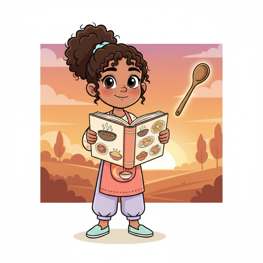 As the sun set, casting a warm glow, Layla proudly held up her completed recipe book. It was filled with vibrant drawings of all the dishes she had made, each page bursting with color and flavor. The magical golden spoon glowed brightly beside it, its work done.