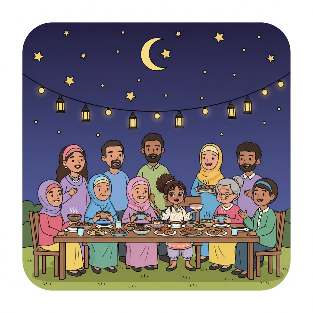 The final scene showed a grand Iftar feast, stretching across a long, festive table under a sky full of twinkling stars. Everyone from the community gathered, sharing laughter, stories, and the delicious food from Layla's magical book. It was a true celebration of togetherness and the spirit of Ramadan.