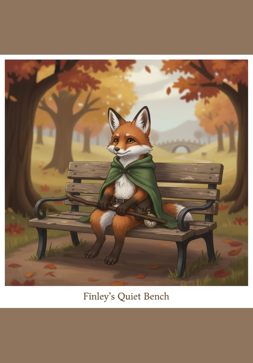 Finley the little fox sat all alone on a weathered park bench, watching the falling autumn leaves dance in the wind. While other animals played in groups, he sighed softly, wishing for a friend to share the golden afternoon.