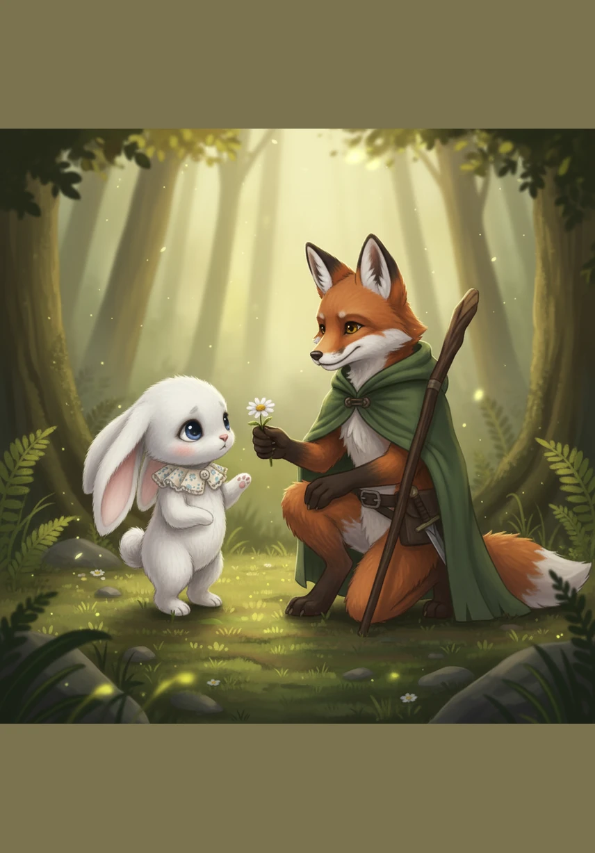 Finley approached slowly so as not to frighten her, offering a gentle smile. The bunny looked up with wide, teary eyes and whispered that she had wandered too far from her burrow and couldn't find her way back.