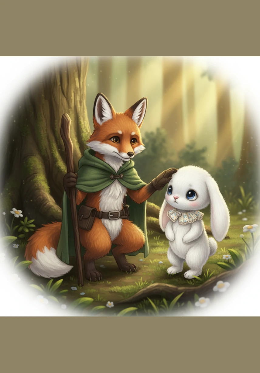 Don't worry, I'm Finley, the fox said warmly, unwrapping his soft orange scarf and draping it around the shivering bunny. He promised to stay by her side until they found her family, and the bunny, whose name was Bella, felt a spark of hope.