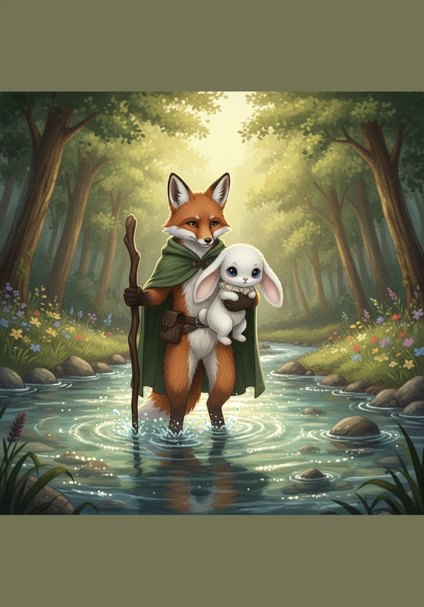 They reached a wide, sparkling stream that blocked their path. Finley found a sturdy fallen log and carefully held Bella’s paw as they balanced their way across the rushing water together.