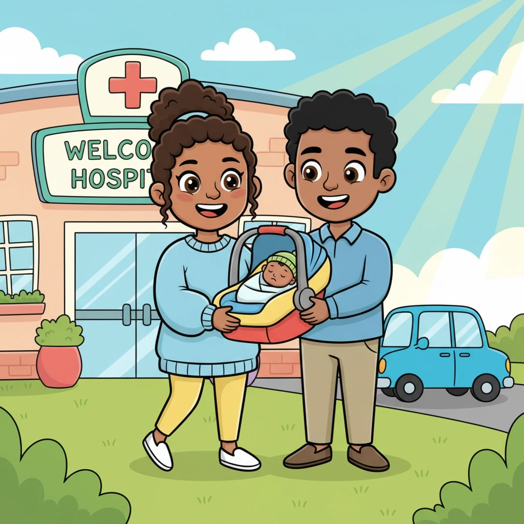 The big day arrived! Megan and Jeff, with hearts full of joy, carefully carried their tiny new baby, Pip, out of the hospital. Pip was snuggled in a cozy car seat, looking like a little bundle of dreams. The sun shone brightly, welcoming them to their new adventure as a family of three.