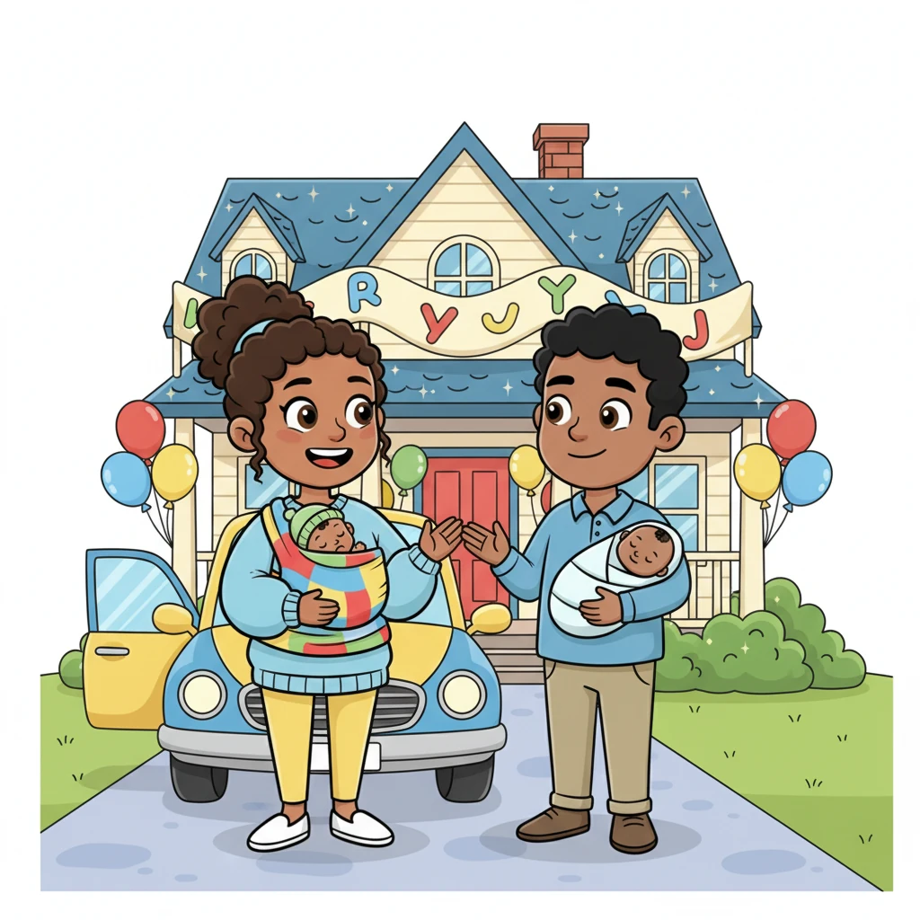 Their colorful car pulled into the driveway, where their house sparkled with 'Welcome Home, Pip!' decorations. Balloons bobbed playfully, and a bright banner stretched across the porch. Megan and Jeff exchanged excited glances, ready to introduce Pip to their loving home.