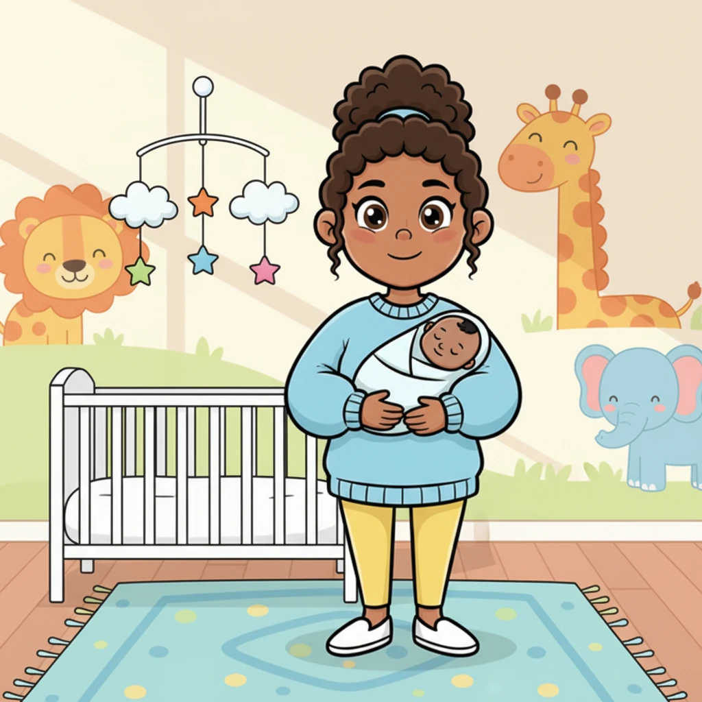 Inside, the nursery was a rainbow of soft colors, just perfect for a little one. A fluffy cloud mobile hung gently above the crib, and playful animal murals smiled from the walls. Megan carefully carried Pip into the room, her eyes sparkling with love and wonder.