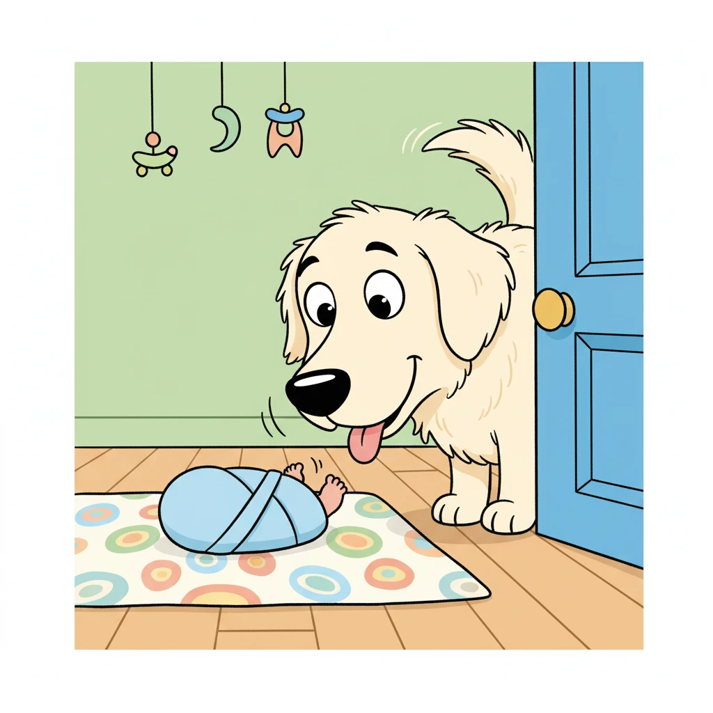 Suddenly, a wagging tail appeared! Their fluffy dog, Buster, peeked around the corner, his big, curious eyes full of wonder. He sniffed gently at Pip's tiny toes, giving a soft, happy whimper, ready to be the best big brother.