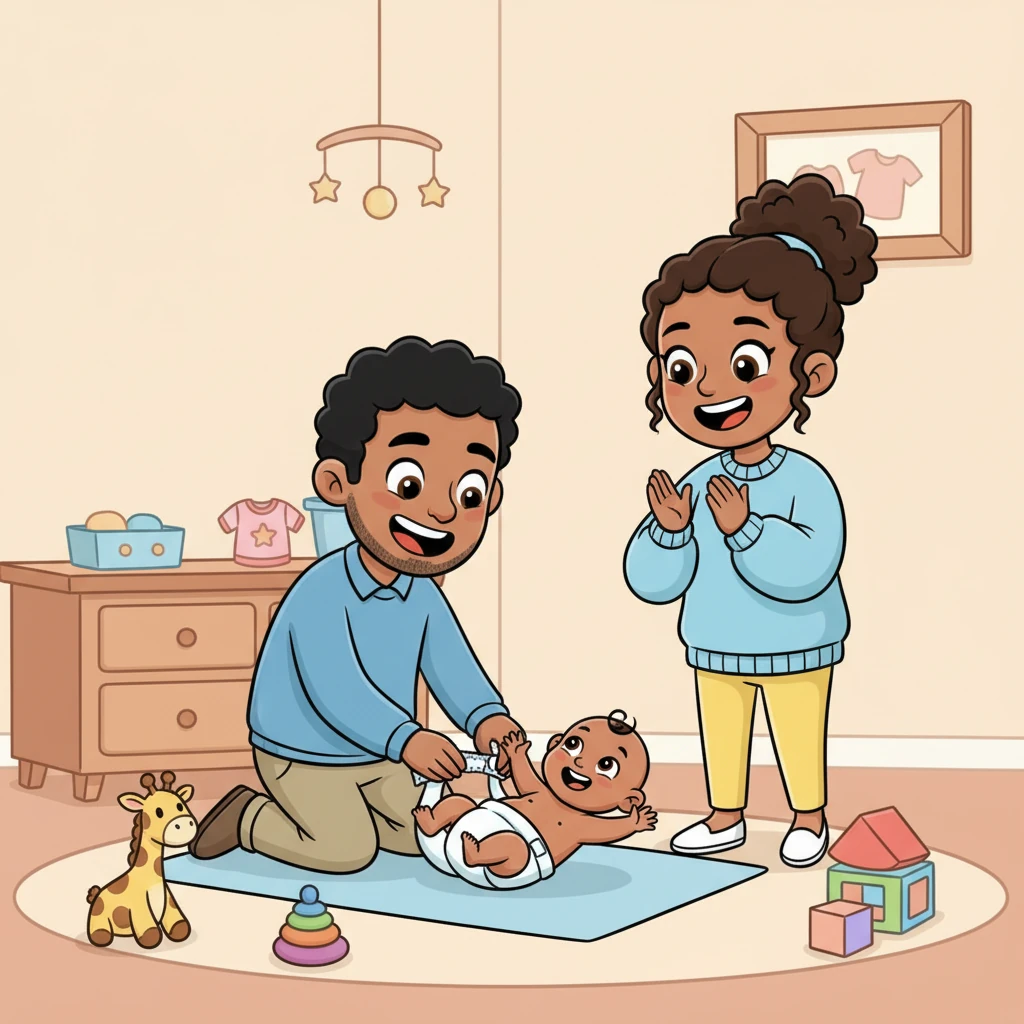 Changing Pip's first diaper at home was a silly, wobbly adventure! Jeff giggled as he tried to secure the tabs, while Pip wiggled like a happy little jelly bean. Megan cheered them on, making it a moment full of laughter and teamwork.