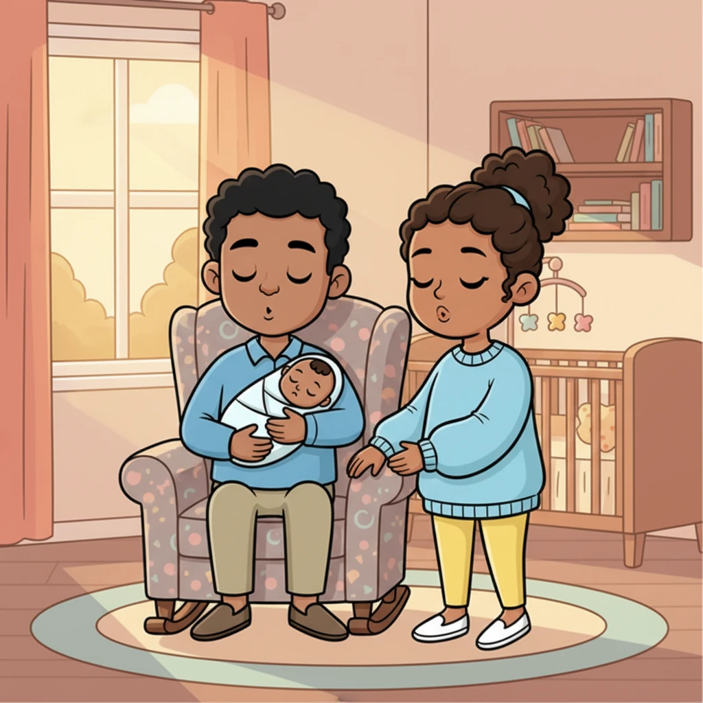 As evening approached, Jeff gently rocked Pip in the cozy armchair, humming a soft lullaby. Megan soon took her turn, swaying back and forth, her voice a comforting whisper. Pip's eyelids grew heavy, ready for sleepy dreams.