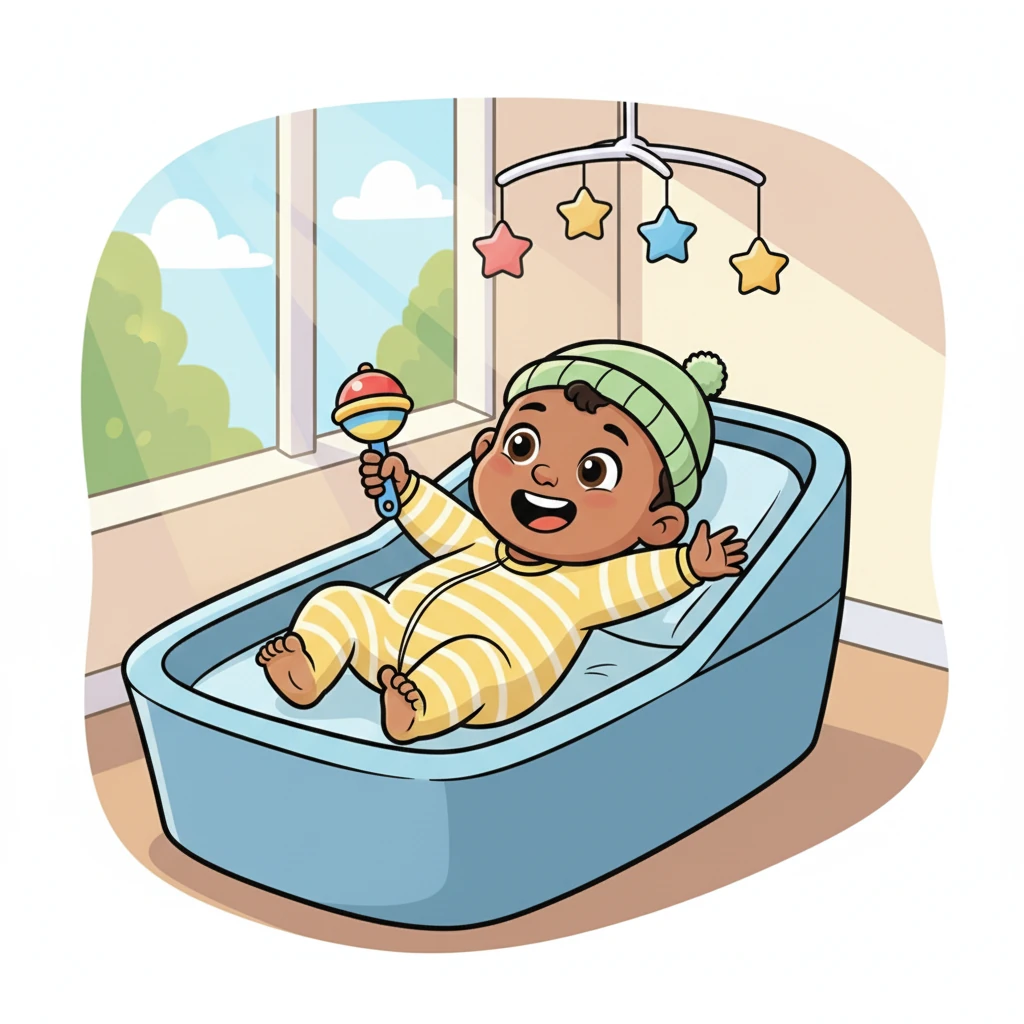 The next morning, Pip woke with a cheerful stretch and a delightful burble. A tiny hand reached out, grabbing a playful rattle, and a big, toothless smile spread across Pip's face. It was a brand new day, full of exploration and happy discoveries.