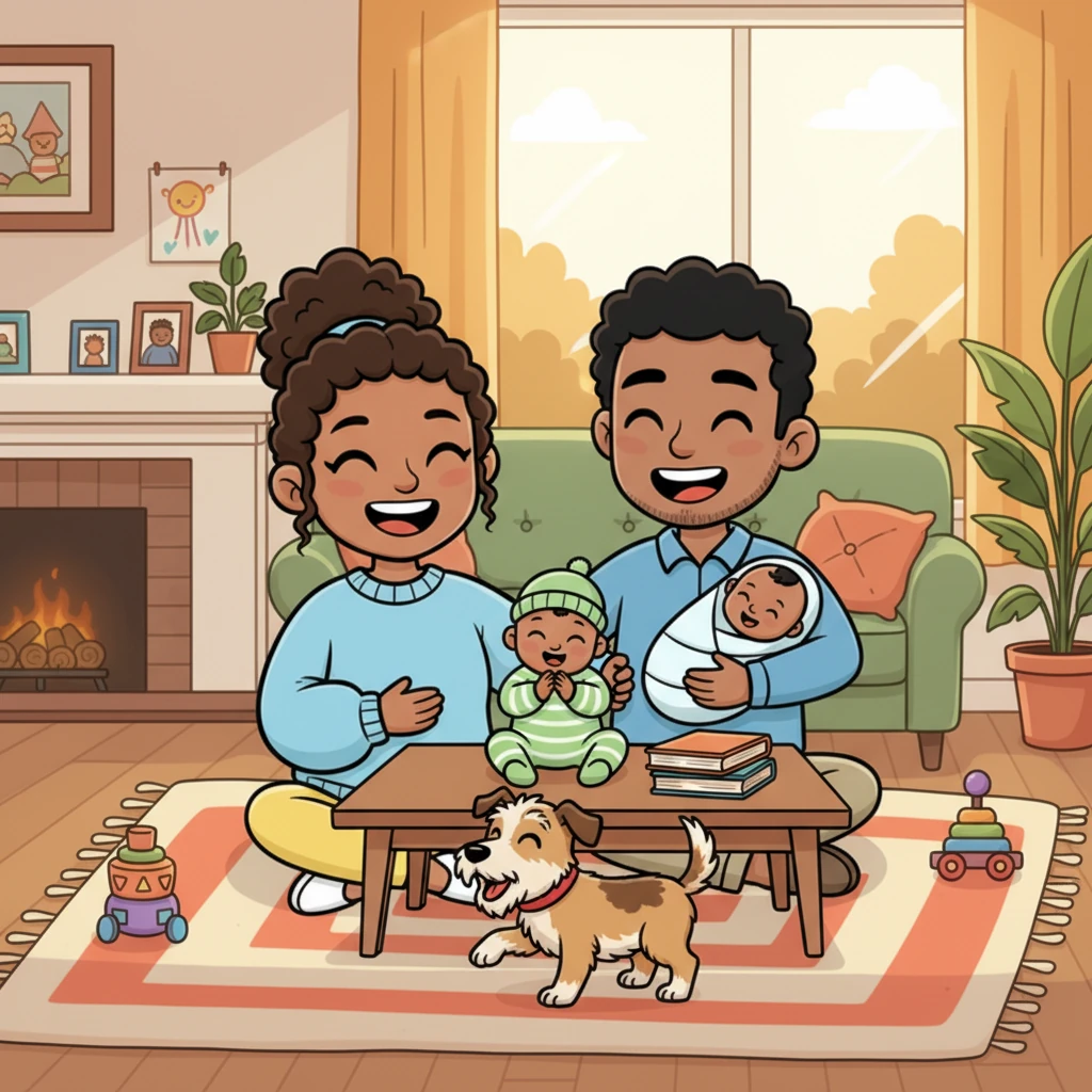 The whole family gathered in the living room, a picture of pure happiness. Megan, Jeff, Pip, and Buster the dog, all together, embarking on their wonderful new life. Their home was now complete, filled with love, laughter, and the sweetest new beginnings.