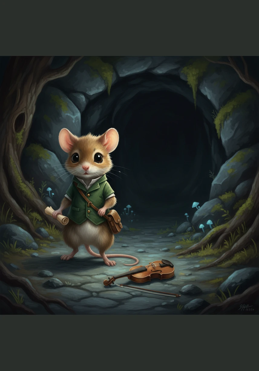 One evening, Pip realized his best friend Barnaby the cricket was missing from their usual meeting spot. Near the entrance of the deep, silent Whispering Cave, Pip found Barnaby’s tiny wooden violin lying abandoned on the cold, hard ground.