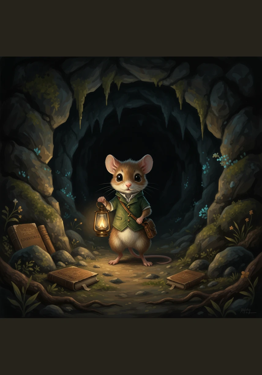 Pip stood at the mouth of the cavern, where the darkness felt thick and heavy like a velvet blanket. His whiskers trembled and his little heart drummed against his chest, but he knew he couldn't leave his friend alone in the deep.