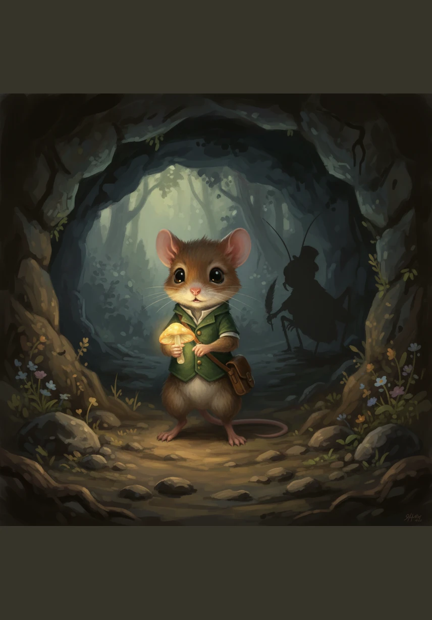 He found a small, glowing mushroom growing near the entrance and held it tight like a magical lantern. With a shaky but determined breath, Pip took his first brave step into the cool, silent darkness of the cave.