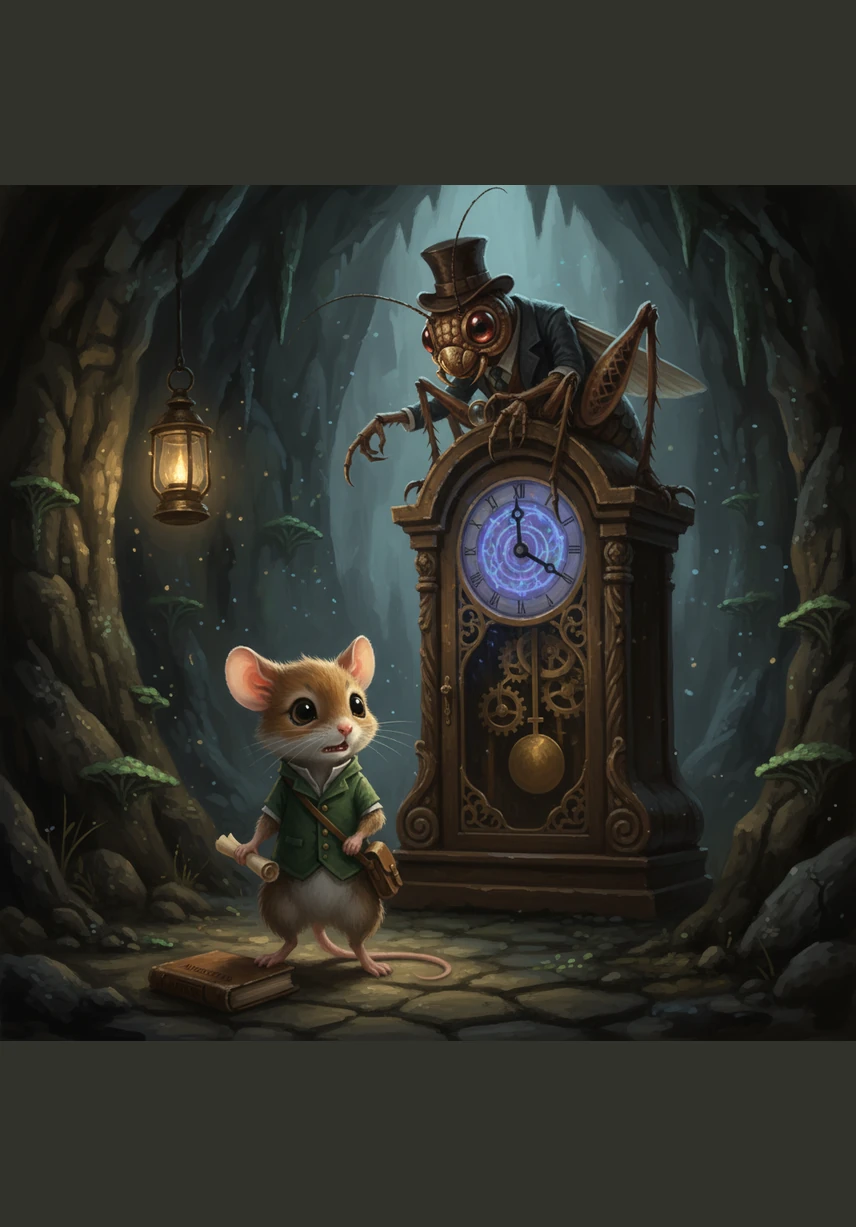 Strange, jagged shapes loomed on the cavern walls, making Pip squeak in fright and freeze in his tracks. However, as he moved closer with his little light, he saw they were just ordinary rocks and sparkling stalactites hanging from the ceiling.