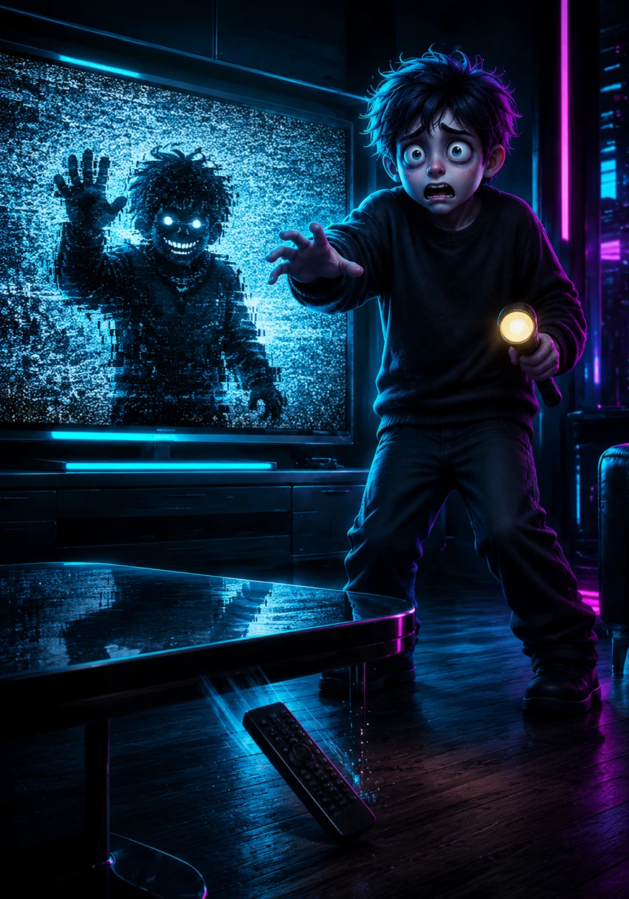 Mesmerized and terrified, Leo watched as the silhouette on the screen mimicked his exact movements, lifting its arm just as he did. The room grew freezing cold, and the smell of ozone filled the air as the entity in the static smiled, revealing a row of sharp, mismatched teeth. When Leo tried to grab the remote, it slid across the coffee table on its own, crashing onto the hardwood floor.