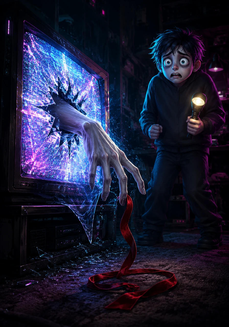 The television screen began to warp and stretch outward like warm plastic, the static humming at a deafening pitch that vibrated through Leo's bones. A pale, slender hand pressed against the inside of the glass, the fingers elongating as they found a seam in the screen. With a sickening tear, the hand broke through into the physical world, dropping a small, blood-red velvet ribbon onto the rug.