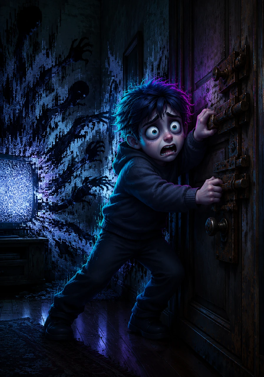 Panicking, Leo bolted toward the front door, but the locks refused to turn, rusted shut in a matter of seconds by an unseen force. He spun around to see the television static spreading across the wallpaper, painting the room in monochrome shadows that stretched toward him. The entity's voice now echoed from everywhere at once, whispering that the game had only just begun.