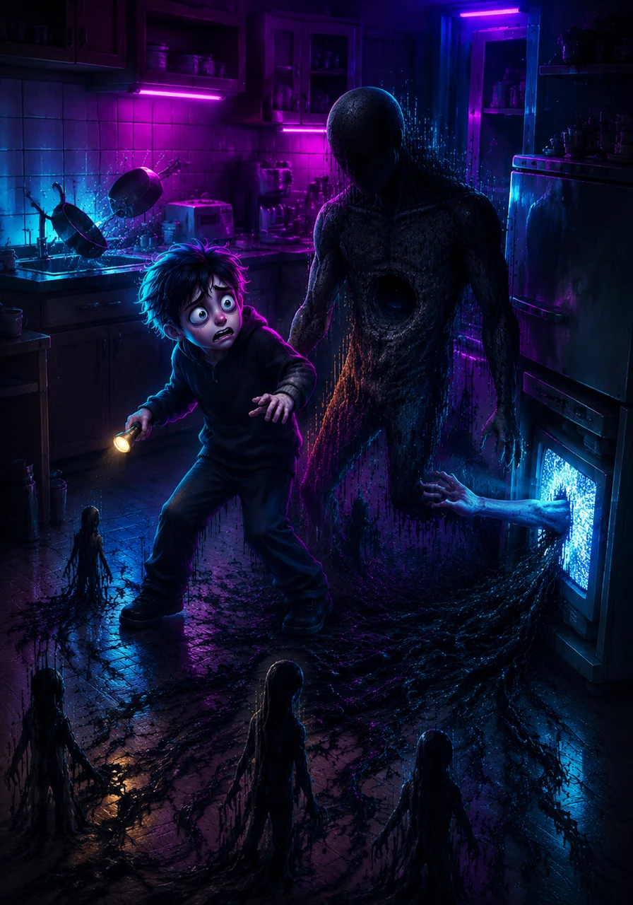 A soft tapping sound drew Leo's eyes to the floorboards, where the shadows of the furniture began to detach themselves and stand upright. The pale hand from the television slid out from under the refrigerator, its fingers clicking against the linoleum as it dragged a larger, faceless torso behind it. Leo threw the heavy skillet, but it passed harmlessly through the creature, clattering loudly into the sink.