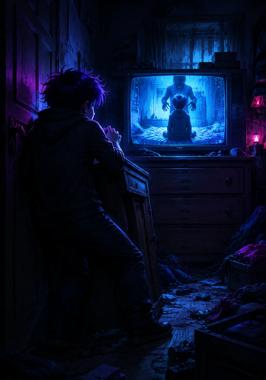 Fleeing upstairs, Leo locked himself in his bedroom, shoving his heavy oak desk against the door as a makeshift barricade. The television on his dresser suddenly turned on, broadcasting a live video feed of Leo himself sitting on the bed, terrified. In the live broadcast, a dark figure was standing directly behind him, raised hands poised over his shoulders.
