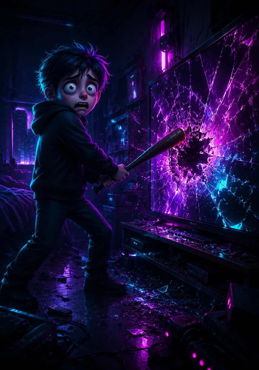 Leo spun around wildly, but the space behind him was completely empty, though the television screen still showed the monster closing in. Realizing the entity existed only within the perception of the screens, Leo grabbed a baseball bat and shattered the bedroom display into a web of cracks. For a moment, there was absolute silence, and the oppressive cold in the air began to lift.