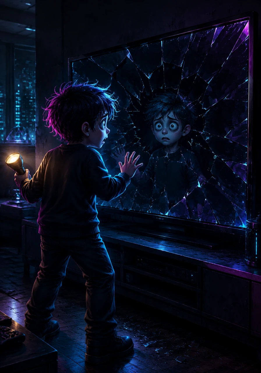 Relief washed over Leo as he walked back downstairs, the house seemingly returning to its normal, quiet midnight state. He approached the main living room television, which was now dark and completely shattered from the entity's violent exit earlier. However, as Leo caught his own reflection in the broken glass, he realized with horror that his reflection wasn't moving.
