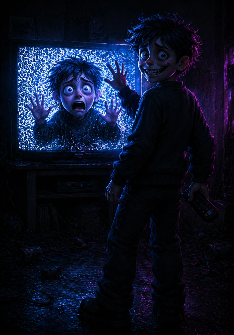 The reflection smiled an impossible, jagged smile and waved a pale hand, trapping the real Leo inside the dark, glass prison of the screen. On the outside, the entity stepped into Leo's shoes, picked up the remote, and turned the house lights off, leaving Leo to scream silently into the endless, unyielding static.