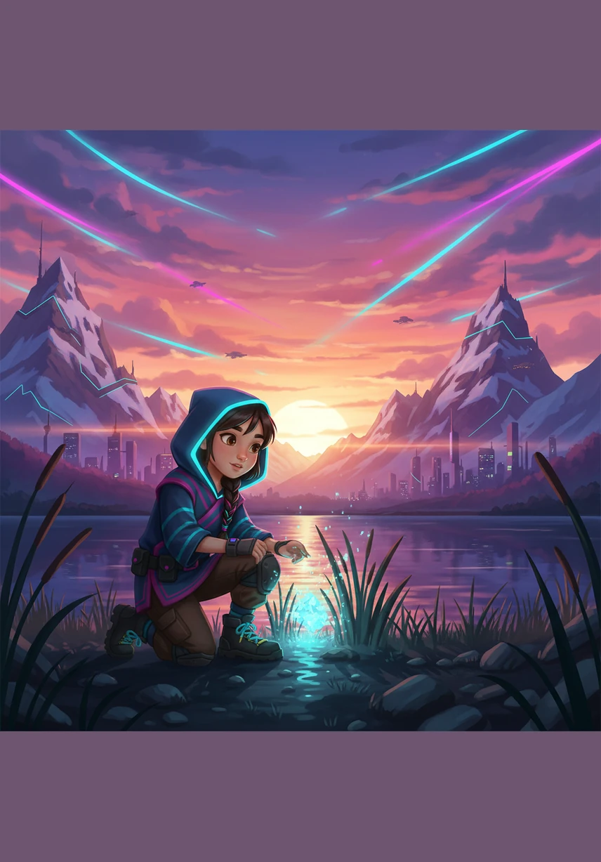 One evening, as the golden sun began to sink slowly behind the snow-capped peaks, painting the sky in hues of pink and gold, Ailu noticed an unusual shimmer. Near the water's edge, among the reeds, a soft and mysterious light was glowing.