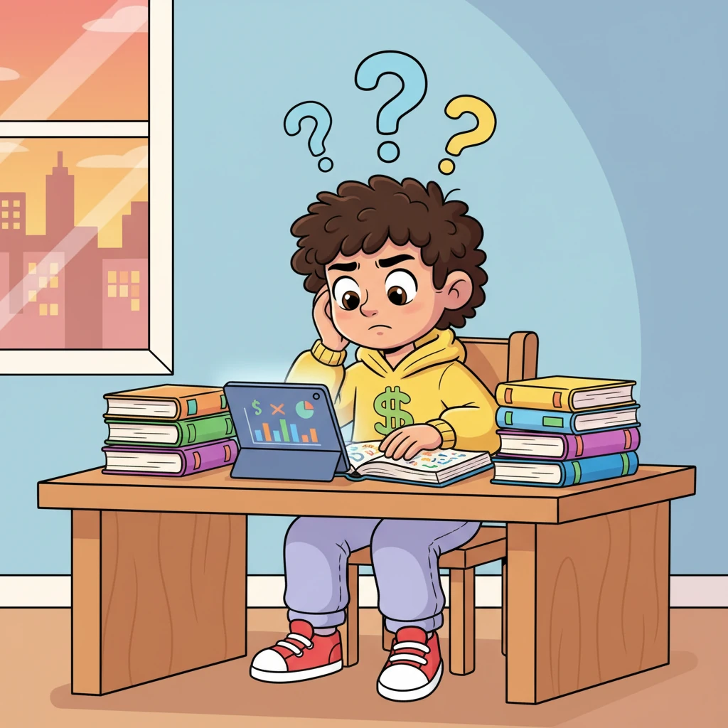Leo, a bright-eyed young boy with a curious mind, sits at his desk, surrounded by stacks of textbooks and a glowing tablet. He looks a little overwhelmed by the world's complexities, with question marks floating above his head, as he dreams of understanding how money works and making his own way in the bustling digital world.
