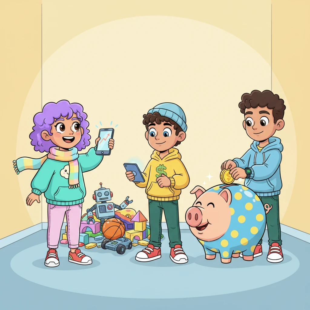 Leo meets two friends: one, 'Spendy Sue,' joyfully buys a new gadget every year, surrounded by shiny but quickly forgotten toys. The other, 'Saver Sam,' carefully places coins into a quirky, smiling piggy bank, which seems to grow bigger and happier with each contribution, illustrating the power of investing in oneself.