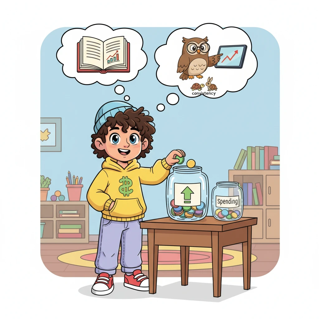 Leo learns the golden rules of money. He happily sets aside a percentage of his allowance into a special 'investing jar,' while cartoon thought bubbles show him reading a finance book and following a wise, friendly online mentor, emphasizing consistency over excitement.