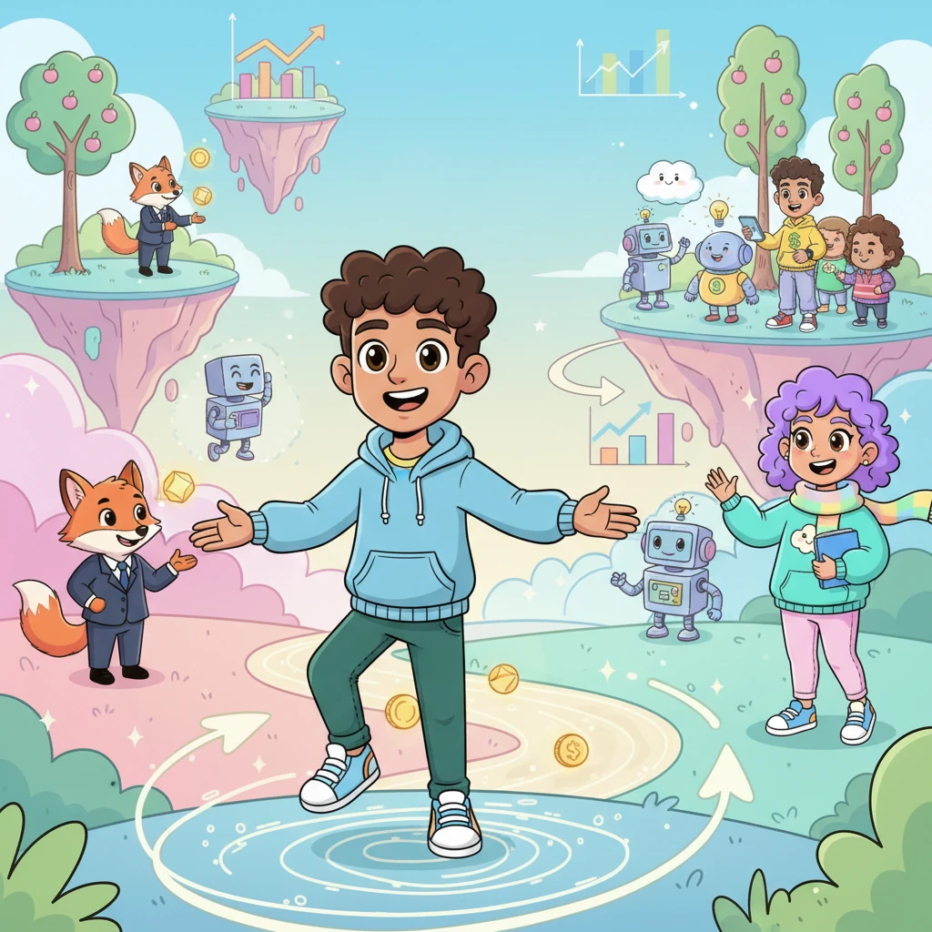 With a spark of understanding, Leo steps into a fantastical, animated financial market. It's not a scary casino, but a vibrant system where friendly cartoon characters representing investors and businesses happily exchange digital coins and ideas, showing how money flows to help everyone grow.