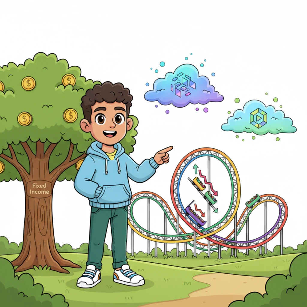 Leo explores different types of investments, each depicted as a playful, exaggerated symbol. He sees a sturdy 'Fixed Income' tree bearing steady fruit, a whimsical 'Stock Market' rollercoaster with ups and downs, and glowing 'Crypto Clouds' floating freely, showing the diverse paths to financial growth.