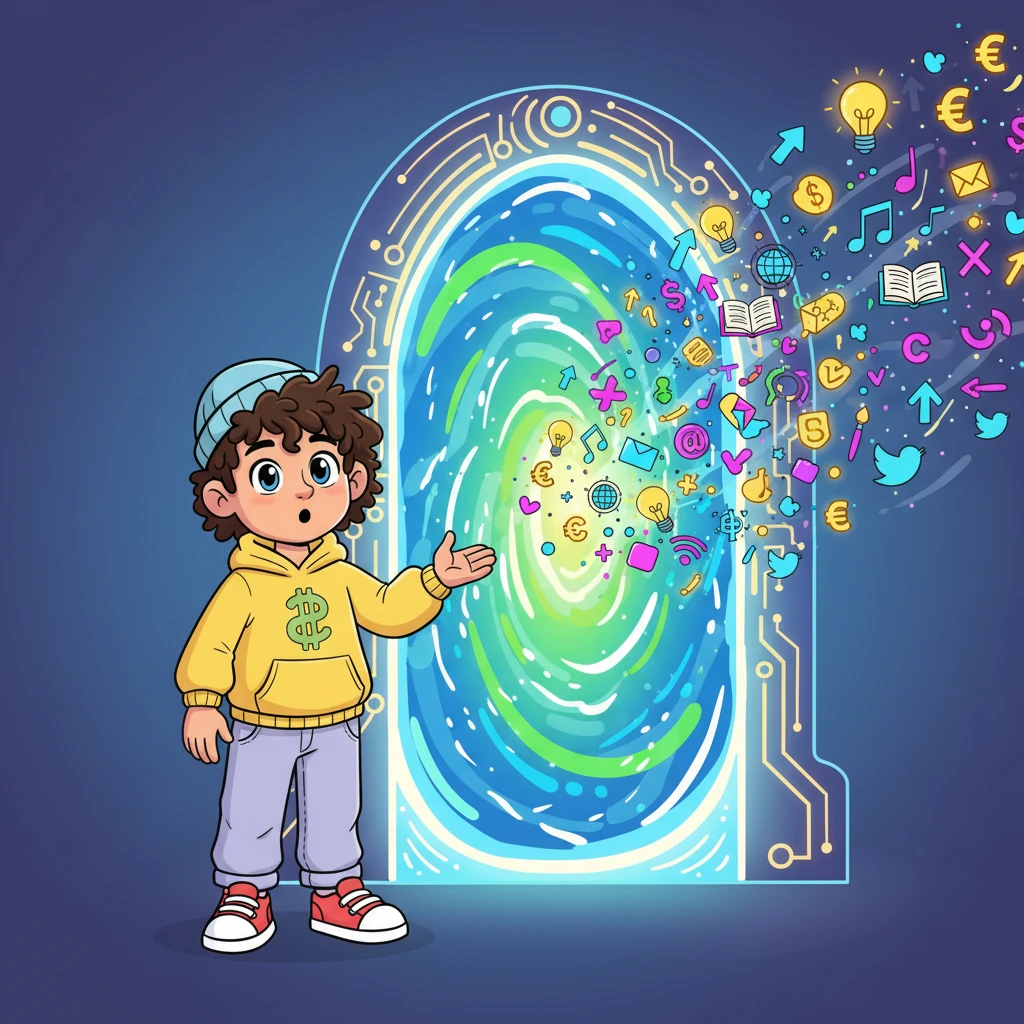The internet unfolds before Leo as a magical gateway to new possibilities. He gazes in wonder at a shimmering portal, from which digital ideas and opportunities sparkle and fly, representing the vast online market where new professions are born every day.