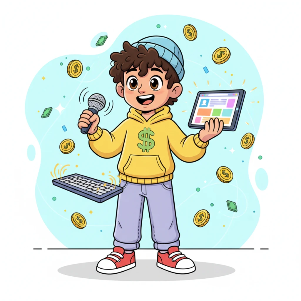 Leo excitedly tries his hand at various online ventures. He's shown juggling a tiny microphone for content creation, designing a colorful website for an affiliate product, and typing furiously on a keyboard for freelance work, all with a big, joyful grin as digital coins pop around him.