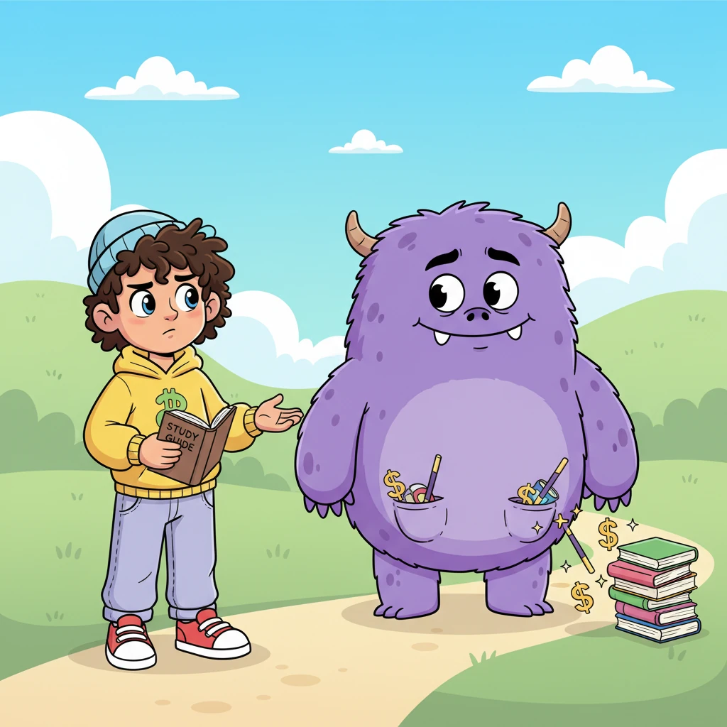 A friendly, oversized 'Mistake Monster' appears, looking a bit clumsy but not scary, representing common beginner errors like 'wanting to get rich quick' or 'investing without studying.' Leo learns to gently steer clear of the monster's tempting but risky traps by thinking carefully and doing his homework.