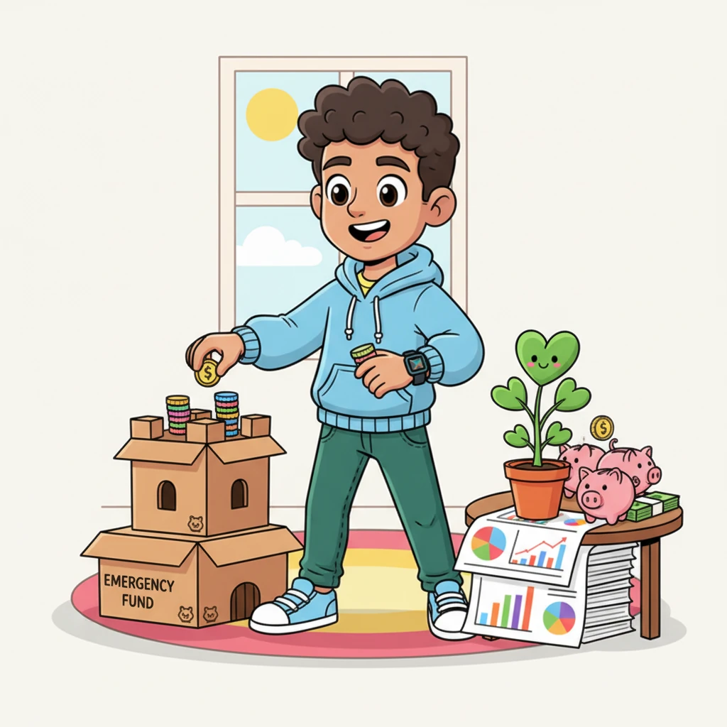 Empowered and confident, Leo puts his practical plan into action. He meticulously organizes his finances, builds a small 'emergency fund' fort, and makes his first tiny investment into a cheerful, growing plant, symbolizing his financial journey taking root.