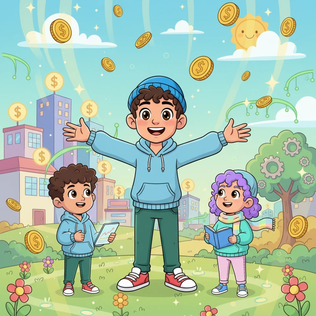 Leo stands tall and proud, a digital millionaire in spirit, surrounded by a vibrant, thriving world he helped create. He happily shares his knowledge with other curious young minds, as golden coins rain down like confetti, celebrating not just wealth, but the freedom and wisdom he built.