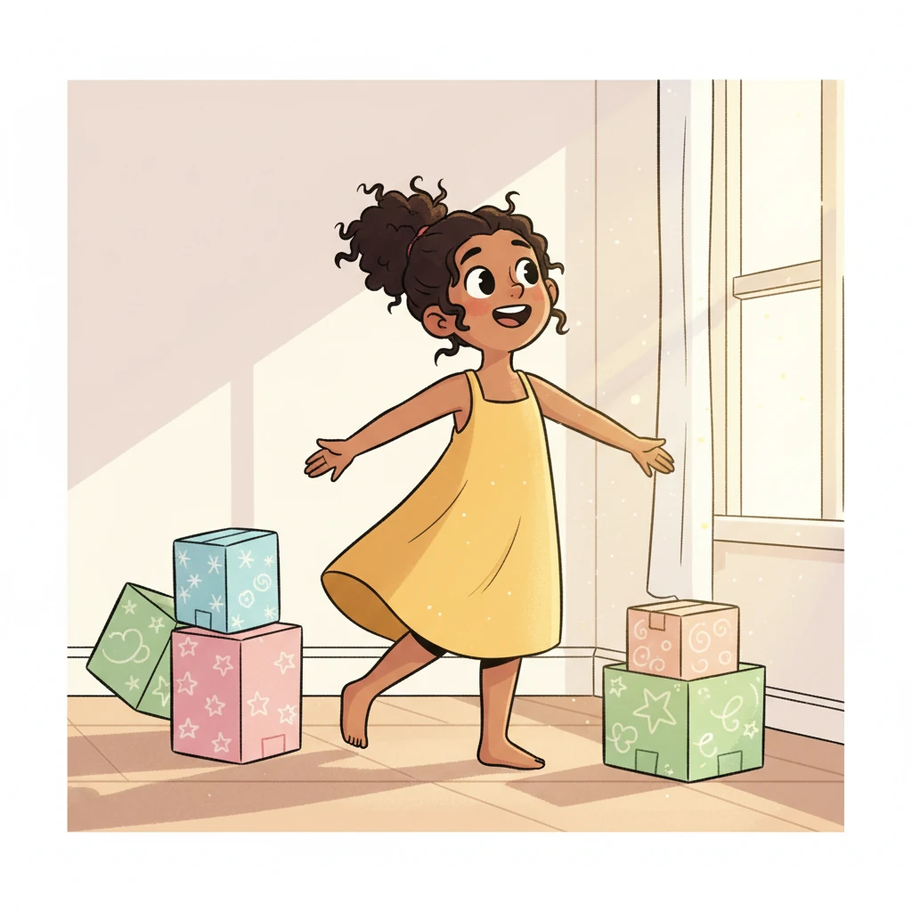 Leah stands in her sunny new living room, surrounded by a few colorful, playfully stacked moving boxes. Her dark hair bounces as she smiles brightly, feeling the fresh air and the promise of a new adventure. The room is filled with cheerful light, highlighting her simple, flowing sundress.