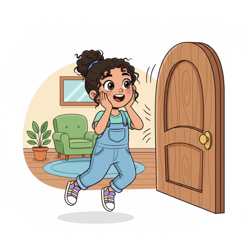 Suddenly, a happy "ding-dong!" echoes through the house as the doorbell rings. Leah's eyes widen with surprise and excitement, her hands flying to her cheeks in a cute, animated gesture. She practically floats towards the front door, eager to see who's there.