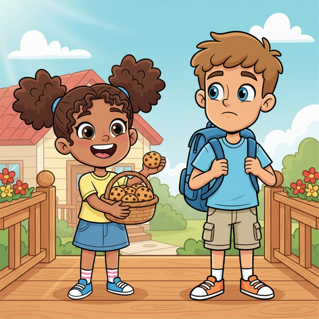On the porch stands Emma, a bubbly neighbor with a wide, welcoming grin and a basket of fresh cookies. Beside her, Tim, a tall but slightly sheepish boy with messy hair, clutches his backpack, peeking out with big, curious blue eyes. They both have exaggerated, friendly expressions.