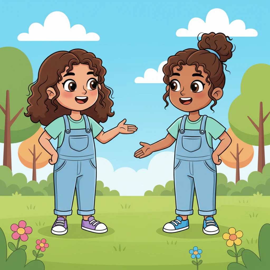 Emma beams, introducing Tim to Leah with a flourish. Leah's face lights up with a warm, inviting smile, extending a hand in greeting. Tim gives a quick, shy wave, his cheeks turning a faint, adorable pink.