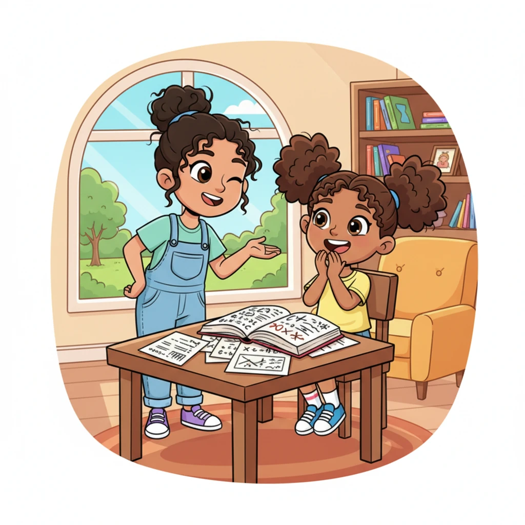 Emma explains that Tim needs a little help with his tricky calculus, winking playfully at Leah, calling her a "whiz!" Tim looks a bit overwhelmed by the math, but a small, hopeful smile begins to form on his face. Leah giggles, happy to help.