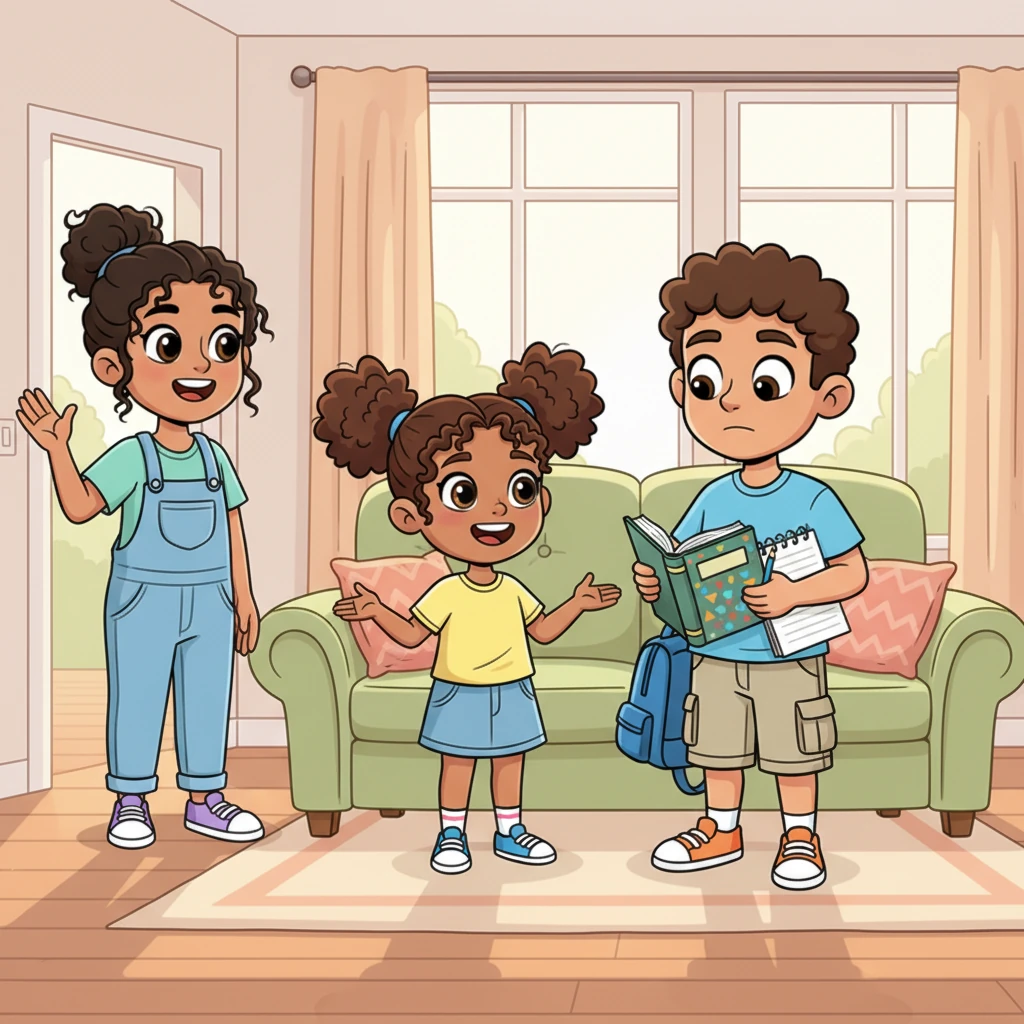 Soon, Emma waves goodbye, leaving Leah and Tim in the bright living room. Leah, with a cheerful twinkle in her eye, gestures towards the comfy sofa. Tim, still a little shy, carefully takes out his thick calculus textbook and a notebook, ready to dive into the challenge.