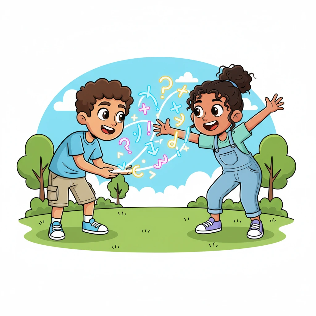 Leah leans in, her dark hair swaying as she enthusiastically explains a complex equation, making it seem like a thrilling puzzle. She uses big, animated hand gestures, drawing colorful diagrams in the air. Tim watches her, completely captivated by her clear and fun explanations.